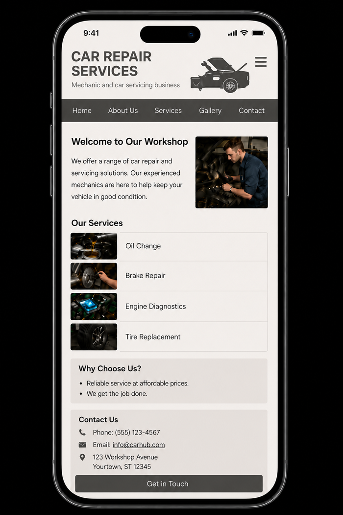 Concept mockup of an outdated auto repair centre website shown on a phone