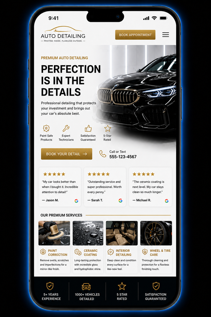 Concept mockup of a rebuilt premium detailing website shown on a phone