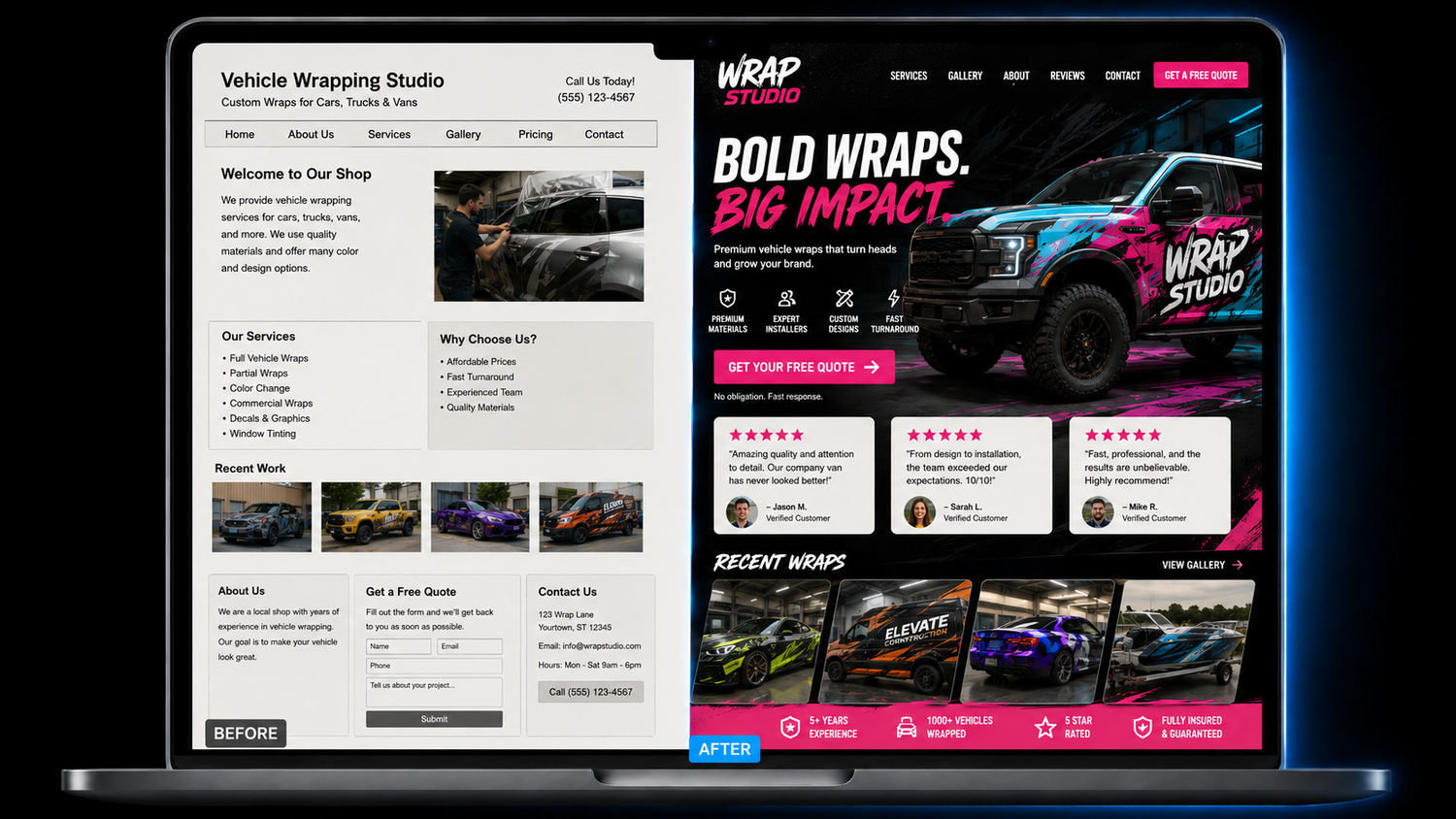 Concept mockup of a rebuilt vehicle wrap studio website shown on a laptop